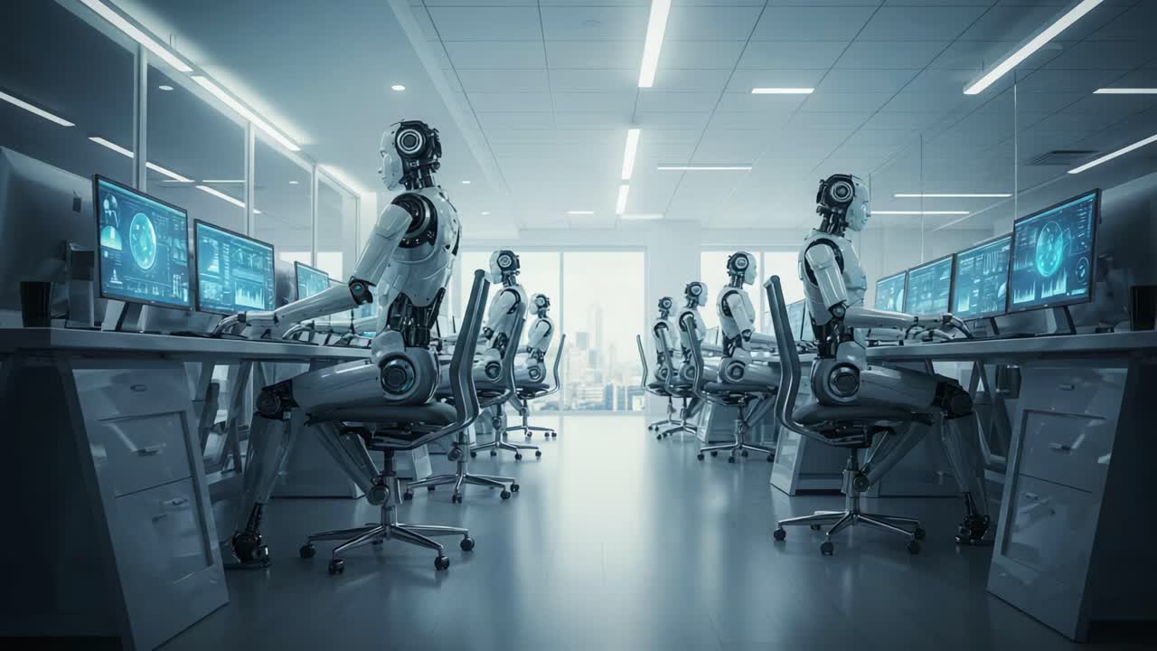 Exploring the Future of Technology: A Row of Advanced Robots Working in a Modern Office Environment with High-Tech Computers and Sleek Design