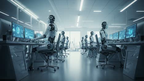 exploring the future of technology: a row of advanced robots working in a modern office environment with high-tech computers and sleek design