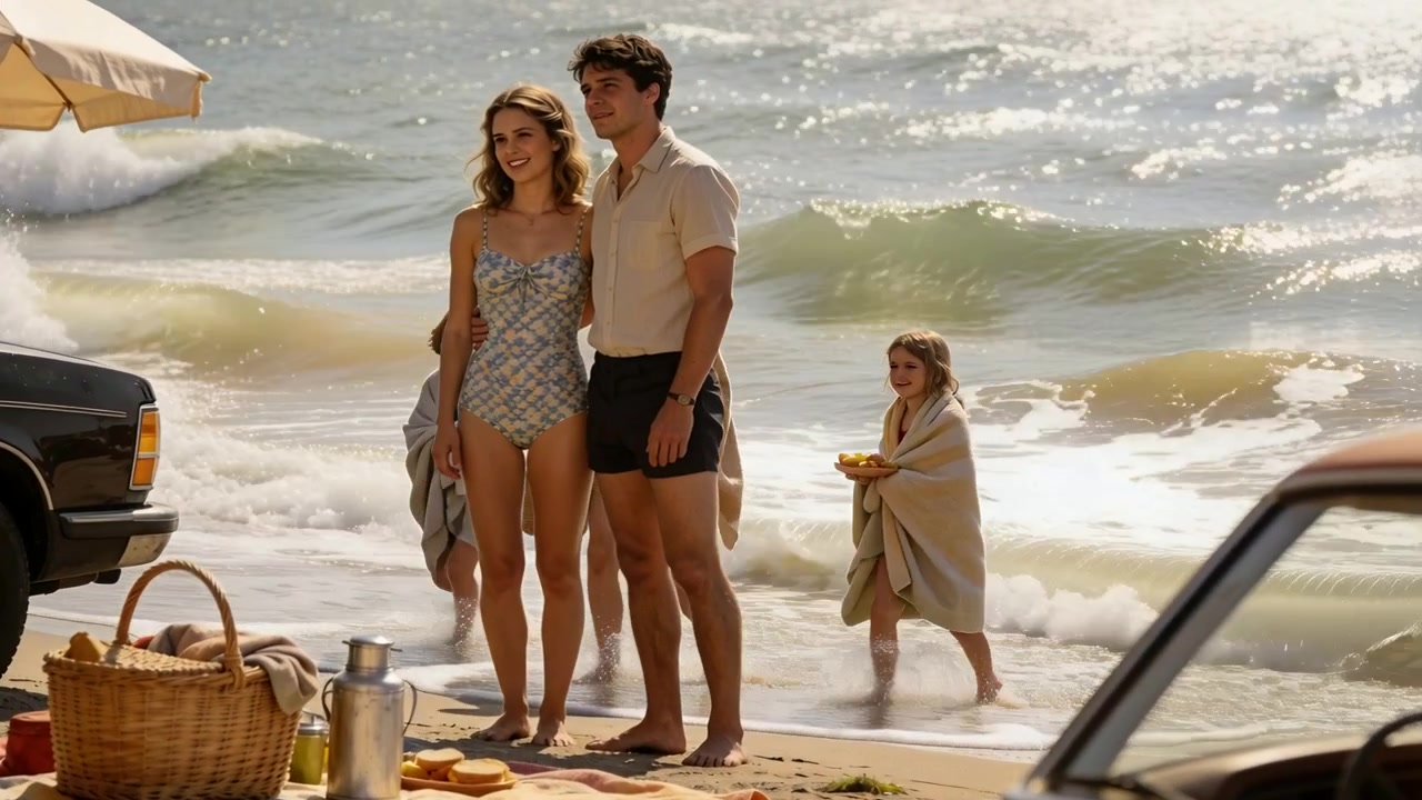 Reagendo a bambini che emergono dal surf, una coppia in costume fantasia e polo si dirige verso un cestino da picnic.