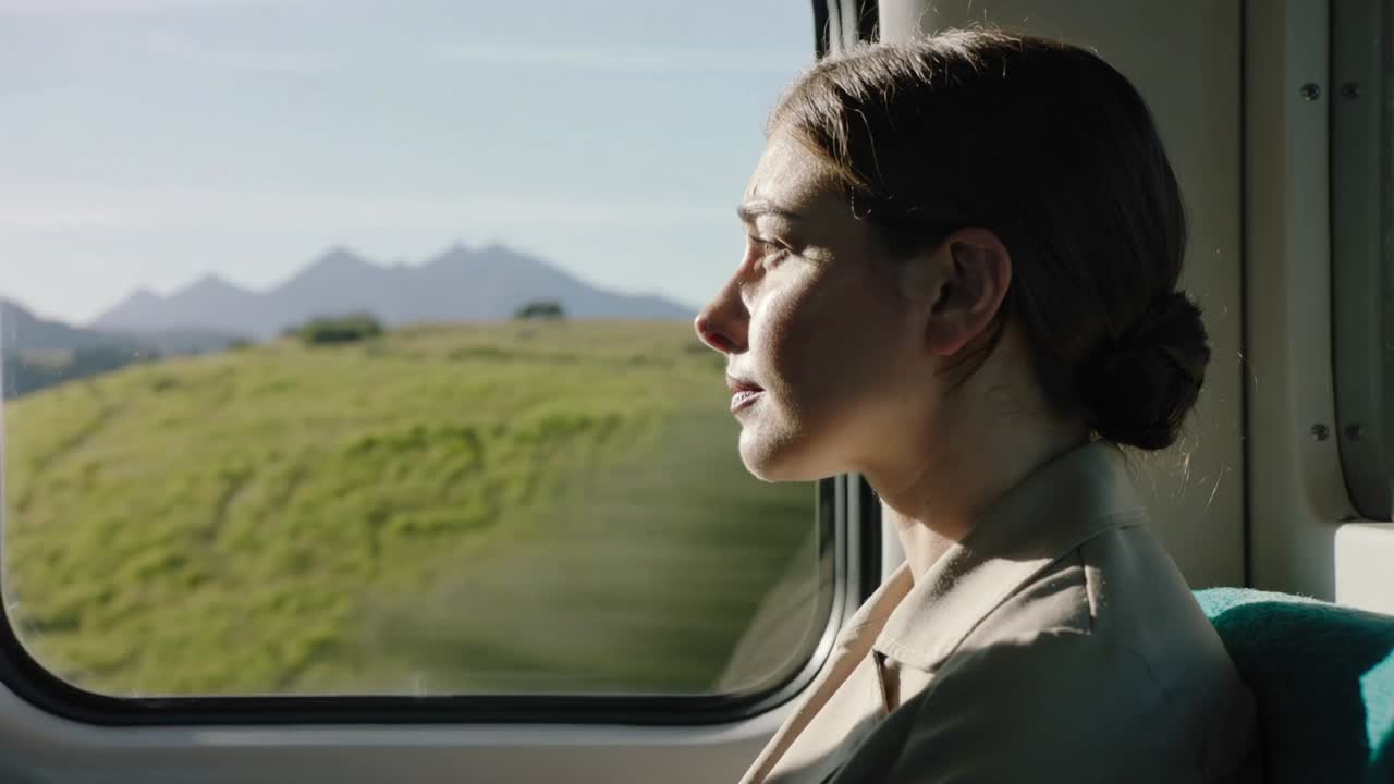 Watching woman in blazer gazing out train window as train moves, hills blurring, copy space