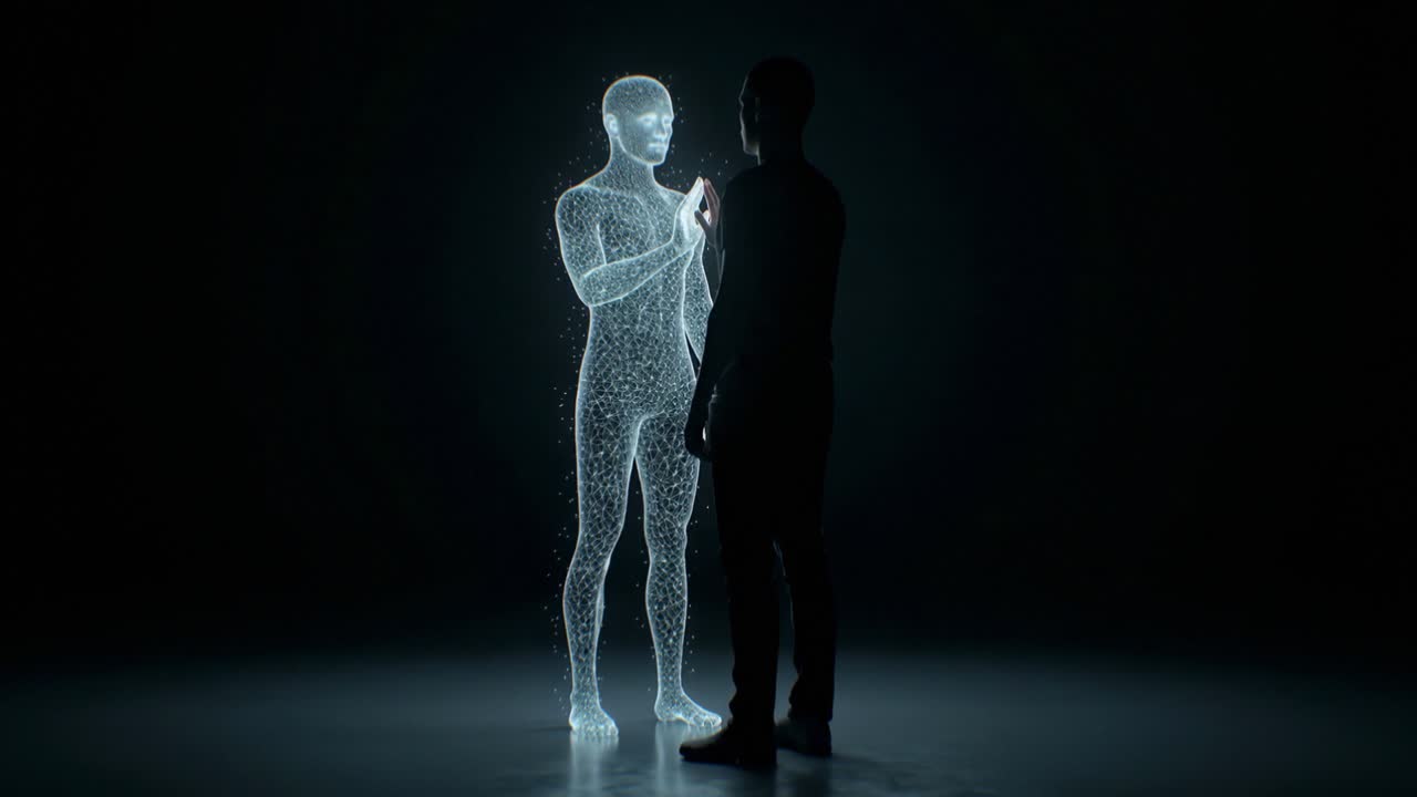 Silhouette umana che si avvicina e tocca un corpo digitale luminoso in uno spazio buio durante una trasformazione olografica.
