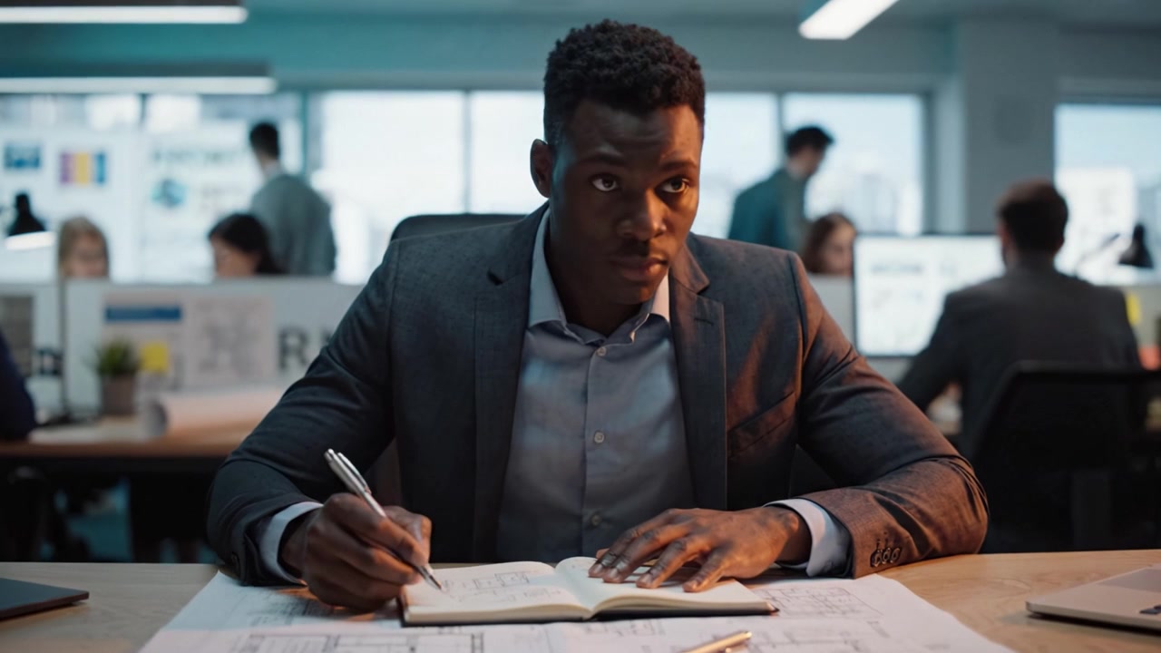 Homme professionnel concentré sur son travail dans un environnement de bureau, prenant des notes et analysant des documents sur un bureau, entouré de collègues affairés