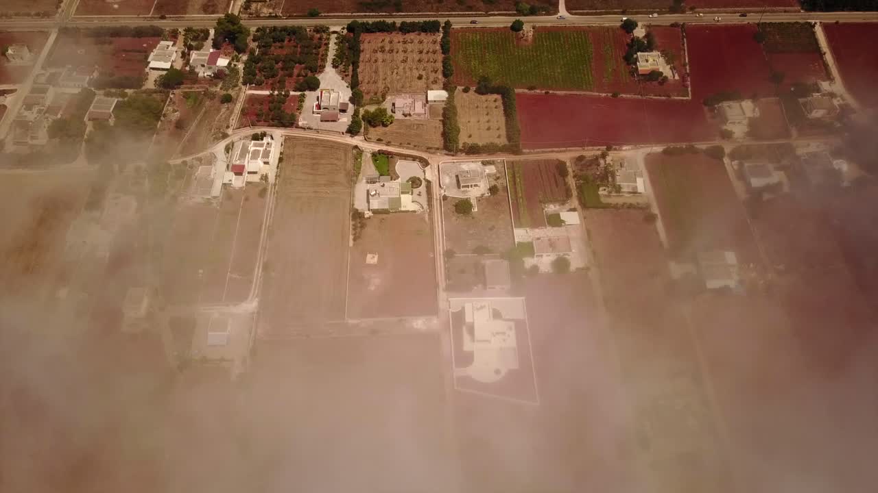 Ripresa statica con drone di un campo colorato in Puglia, con nuvole tra il drone e il suolo