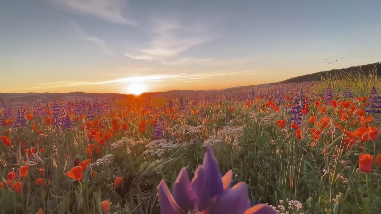 Low-angle video of a vibrant wildflower field at sunset, capturing warm, glowing hues, Live desktop