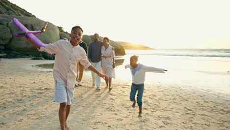 black family, airplane and kids at beach