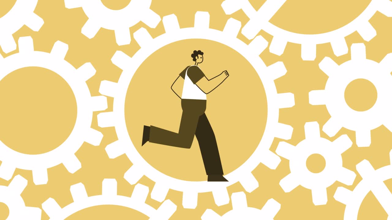 estilo hombre amarillo personaje plano corriendo y girando sistema de engranajes. animación de bucle aislado con canal alfa