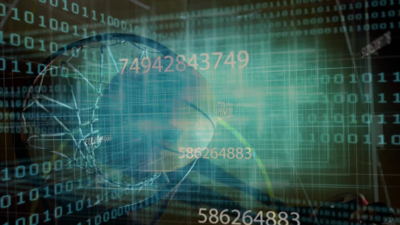 Man tapping device, activating hoop and binary HUD sliding right, revealing laptop for technology