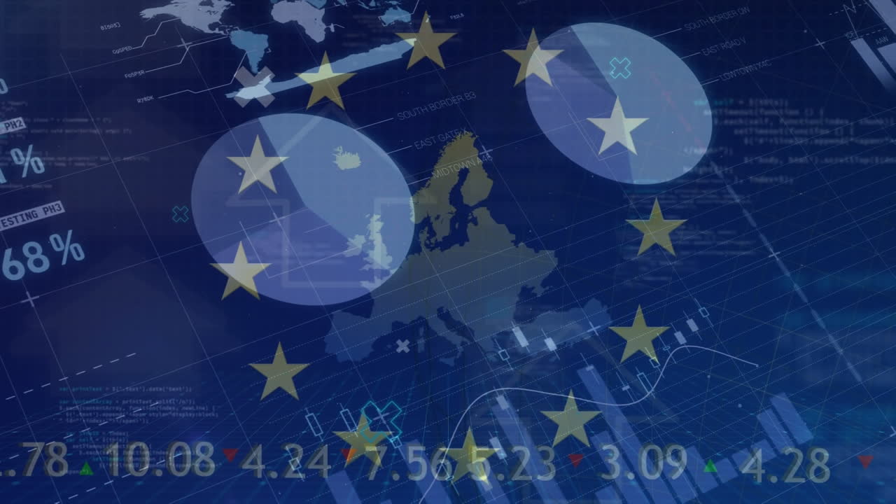 유럽 연합의  ⁇ 발과 지도 위에 다양한 금융 데이터와 그래프의 애니메이션