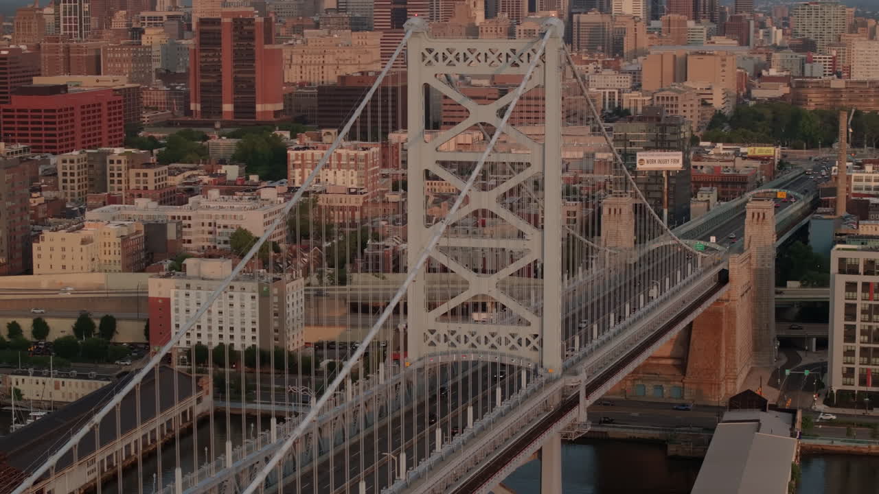Aerial view of the Ben Franklin Bridge at sunrise. Shot in Philadelphia, Pennsylvania