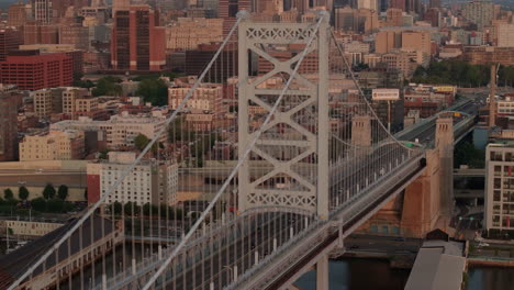 aerial view of the ben franklin bridge at sunrise. shot in philadelphia, pennsylvania