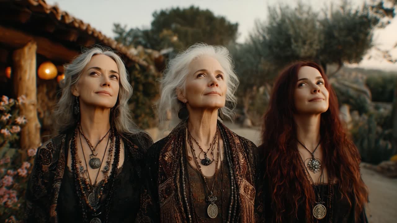 Uma Reunião Graciosa de Mulheres Sábias: Três Figuras Encantadoras Vestidas com Trajes Boêmios Exalam Serenidade e Conexão em Meio a uma Paisagem Natural.