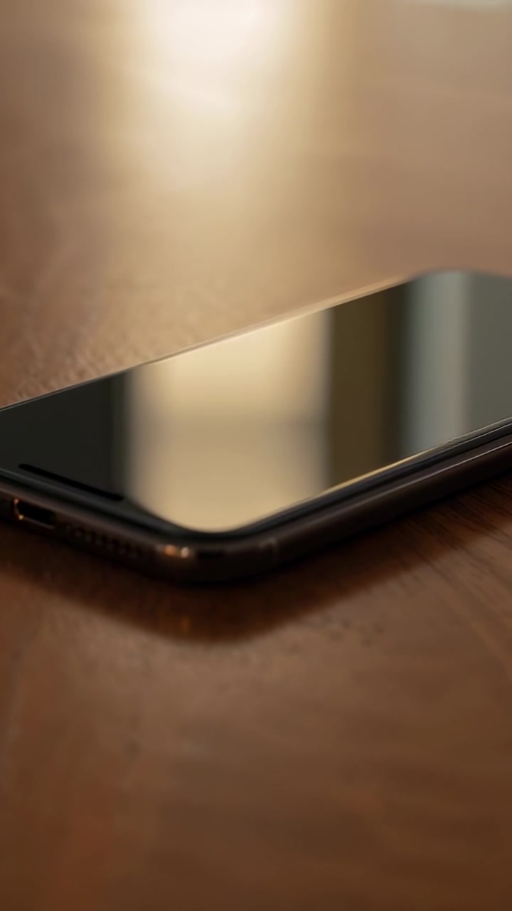 Telefono appoggiato con custodia sottile che mostra la porta di ricarica, riflettendo una banda di luce verticale su un tavolo di legno