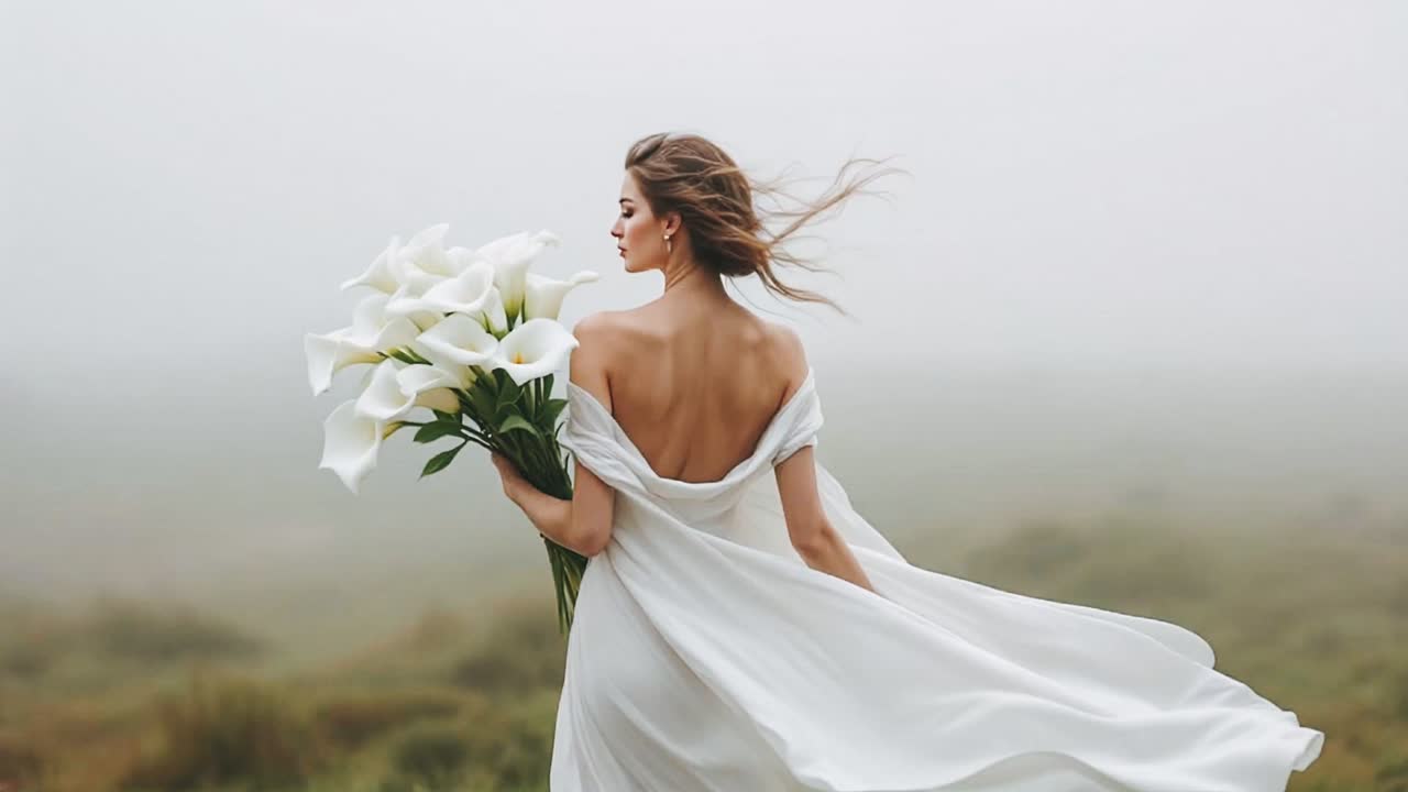 Bella sposa in un vestito bianco con un bouquet di calle.