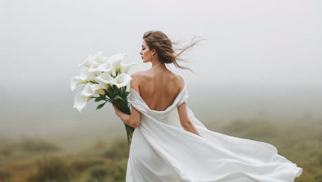 beautiful bride in a white dress with calla lilies bouquet