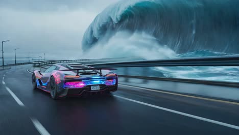 futuristic sports car on highway with giant tsunami wave approaching