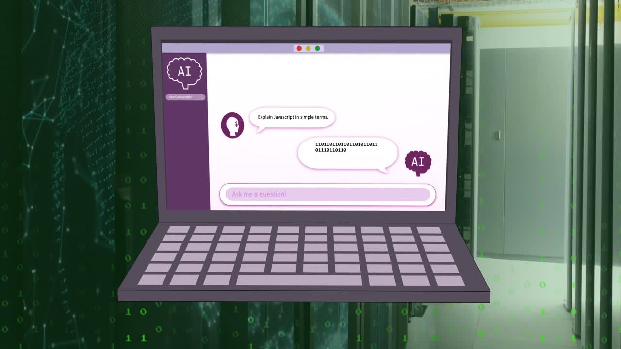Animation of ai chat on laptop and networks over computer server room