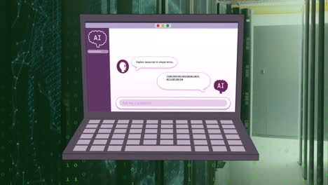 Animación-Del-Chat-De-IA-En-Una-Computadora-Portátil-Y-Redes-En-La-Sala-De-Servidores-De-La-Computadora.
