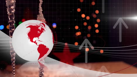 animation of globe and arrows over christmas decorations