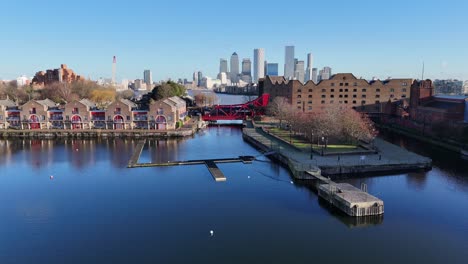 shadwell basin east london uk sunny day drone,aerial dockland in background