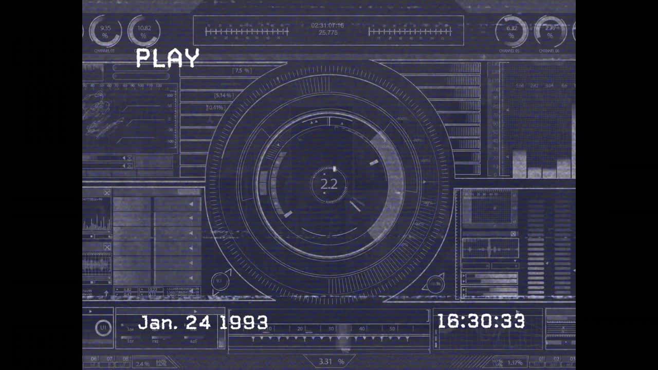 Playback overlay starting circular telemetry gauge rotating, updating readings amid VHS-glitches