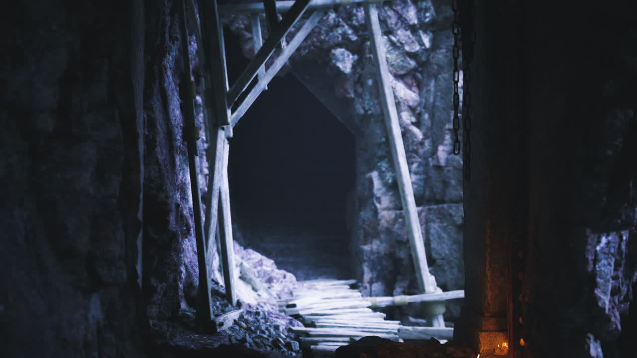 Dark tunnel with wooden supports and soft lighting in an underground cave