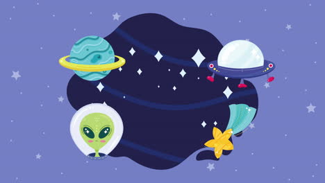 una linda escena espacial de dibujos animados con alienígenas, planetas y naves espaciales