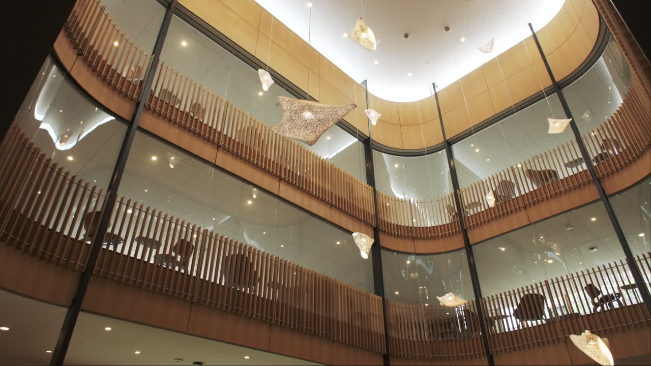 looking up in modern wooden library atrium, revealing soaring inviting study spaces