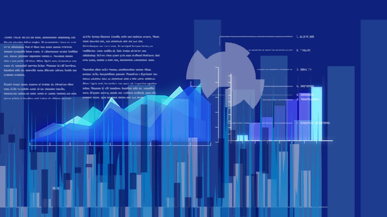 Digital animation of graphs and statistical data processing against blue background