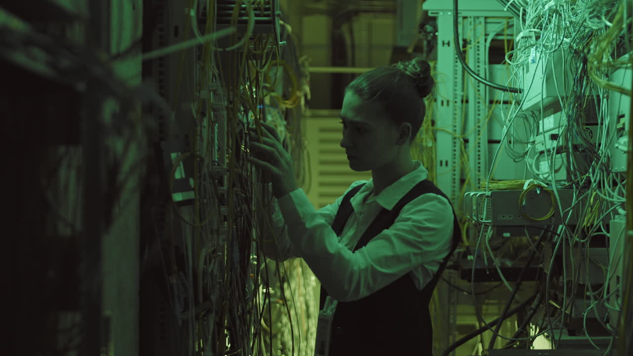 mujer trabajando en la sala de servidores