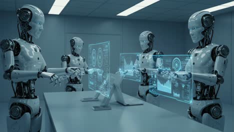 advanced robotics and artificial intelligence in a digital workspace: autonomous robots collaborate using interactive holographic displays for data analysis and decision making