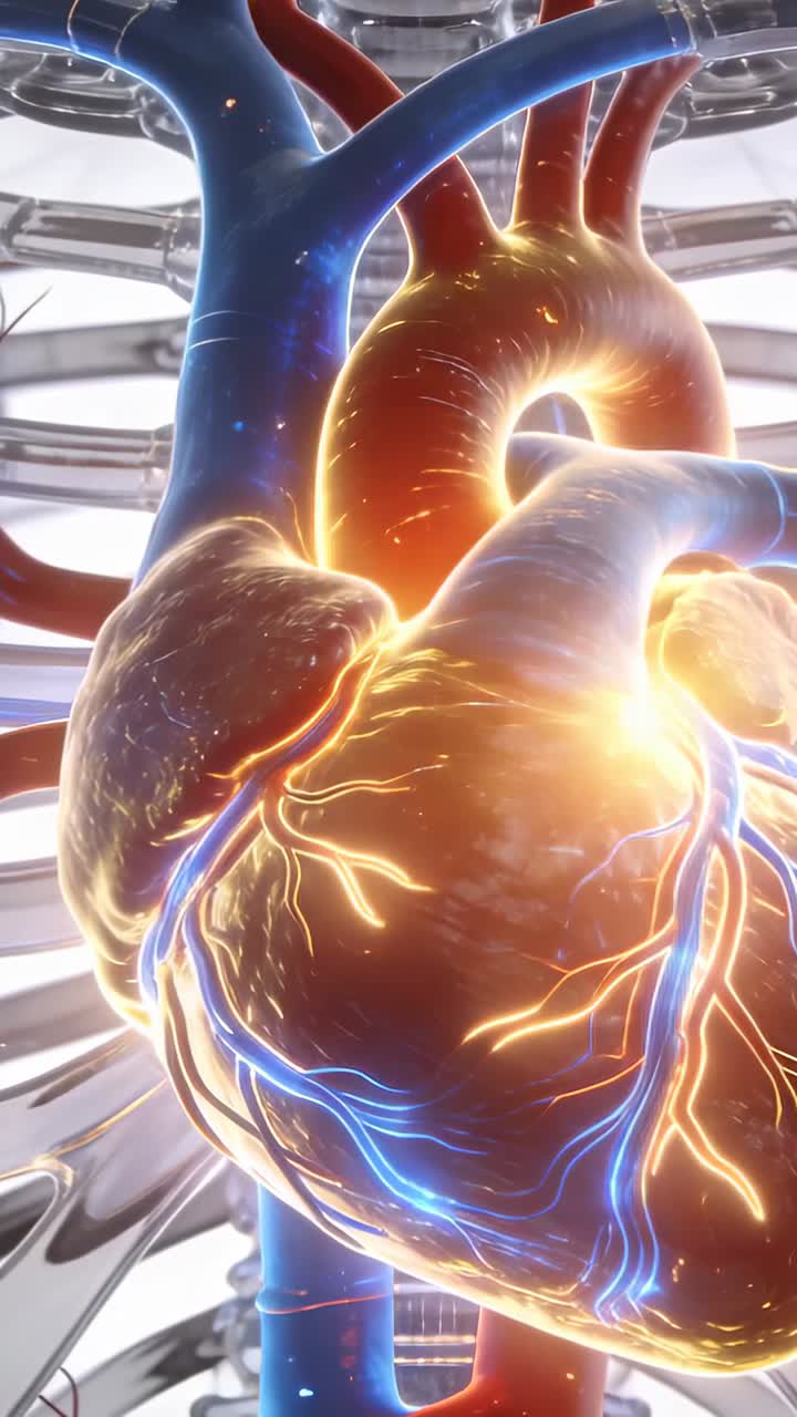 Video verticale: Punti luce che creano un cuore pulsante in anelli, inviando impulsi coronarici per mostrare un segnale.