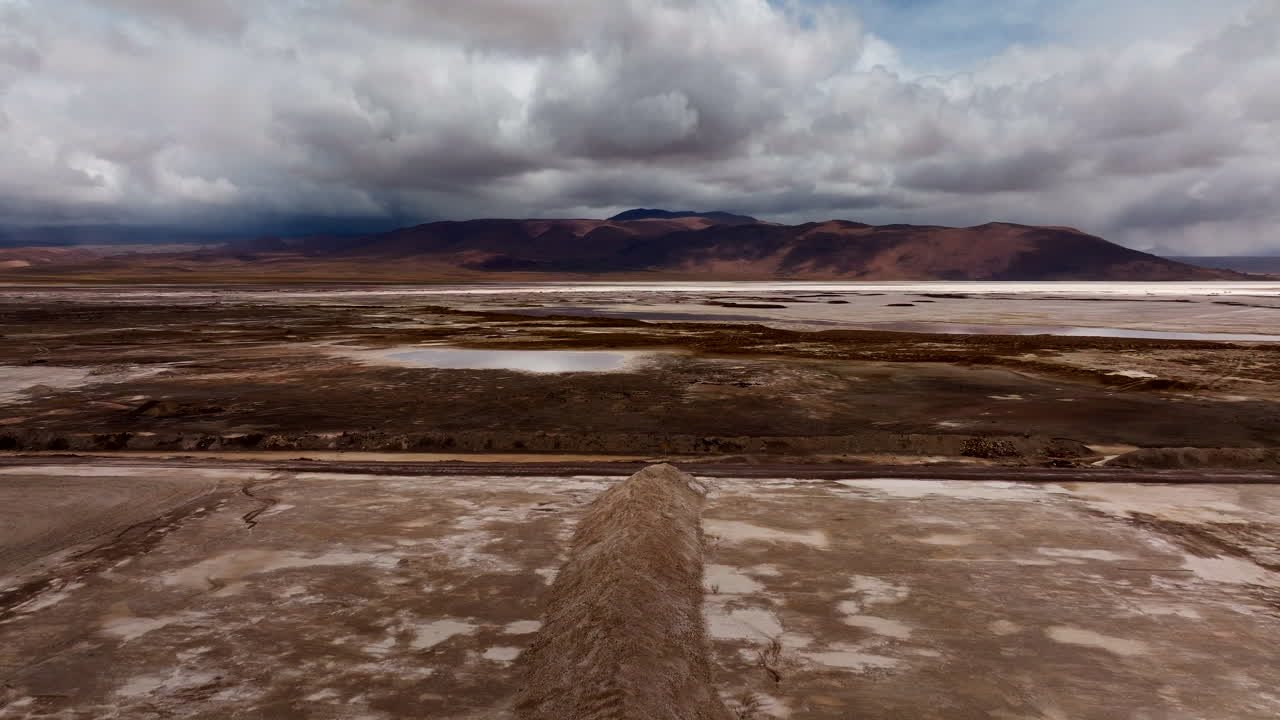 Evaporation pond for borax mining at Laguna Capina in Bolivia, aerial forward