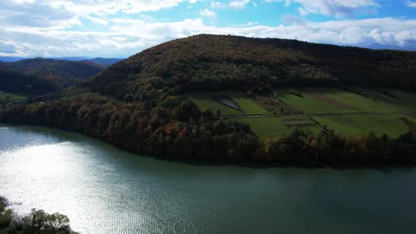 Poland-In-Autumn,-Bieszczady-Mountains,-Wide-Drone-Shot