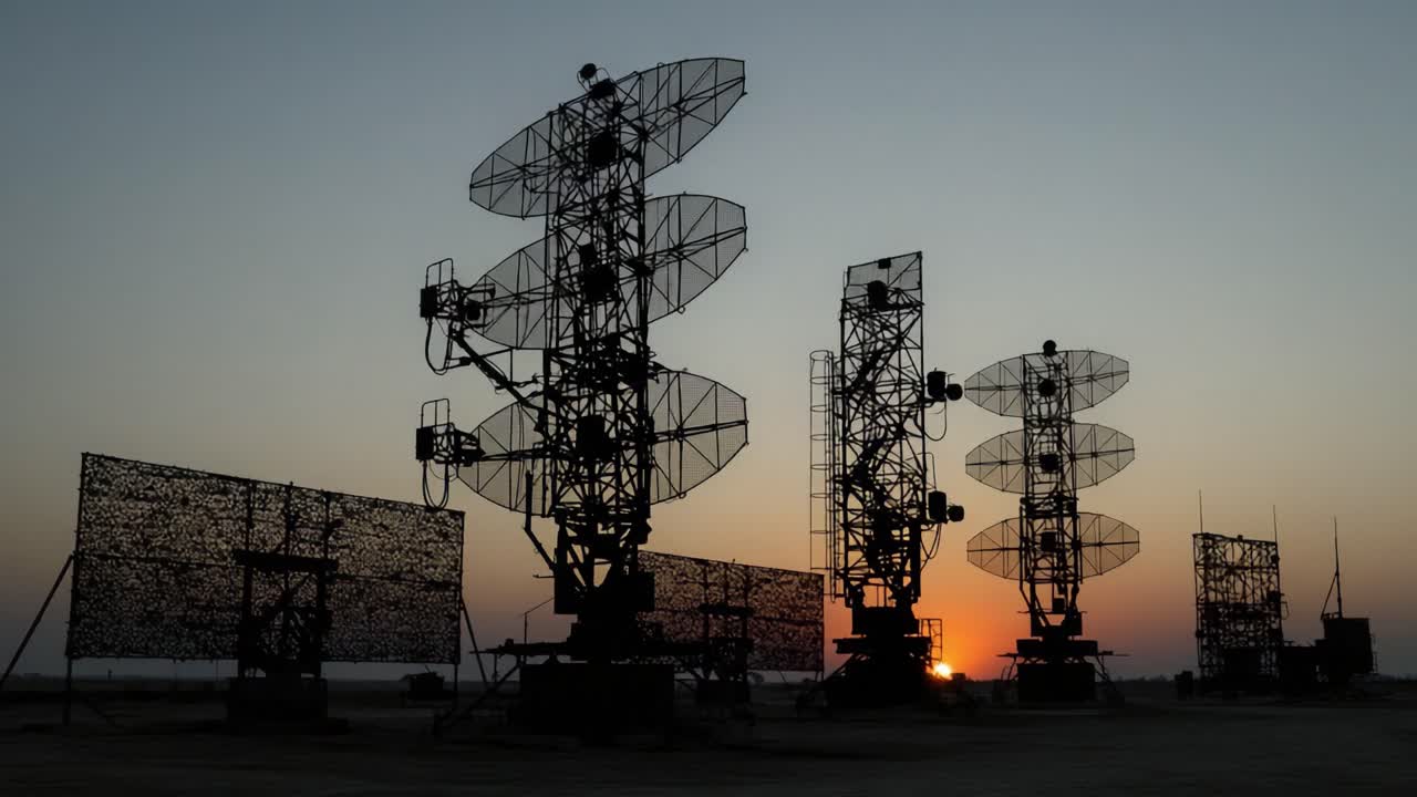 Torri radar in silhouette contro un cielo al tramonto: Una straordinaria dimostrazione di tecnologia in armonia con la palette serale della natura.