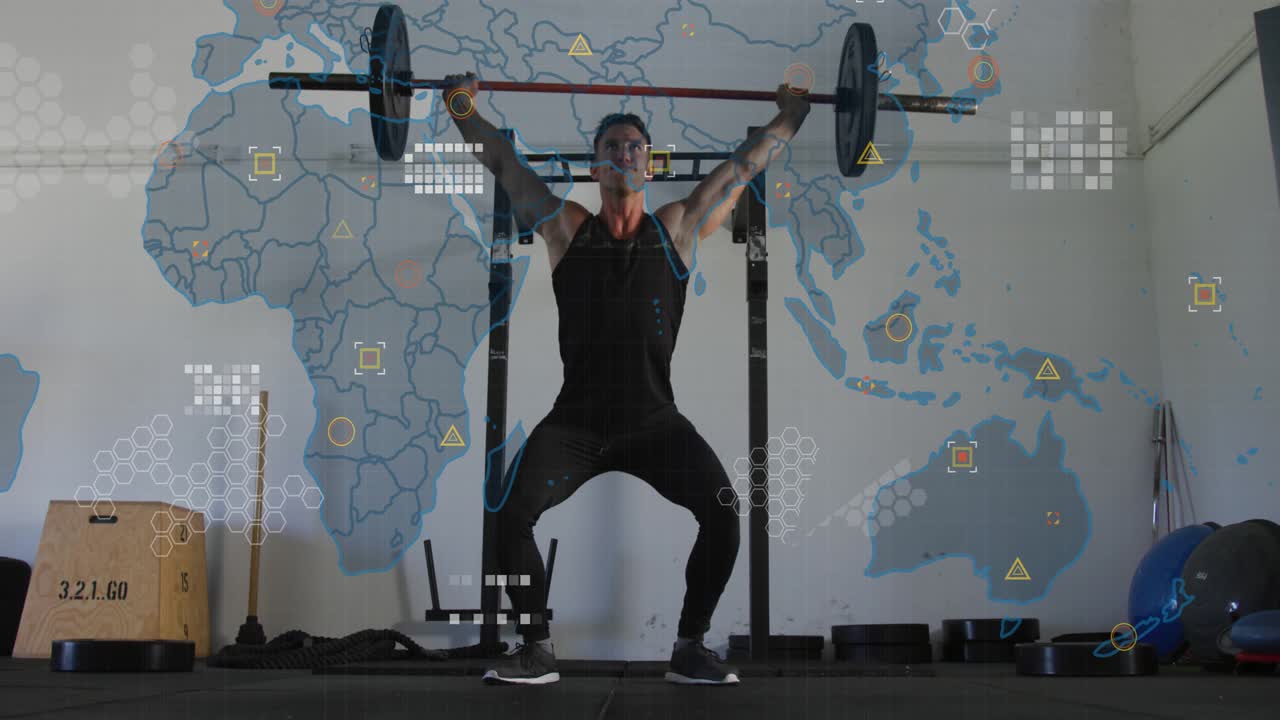 Male lifter releasing bar, driving overhead and repeating fitness squats with HUD map rising on him