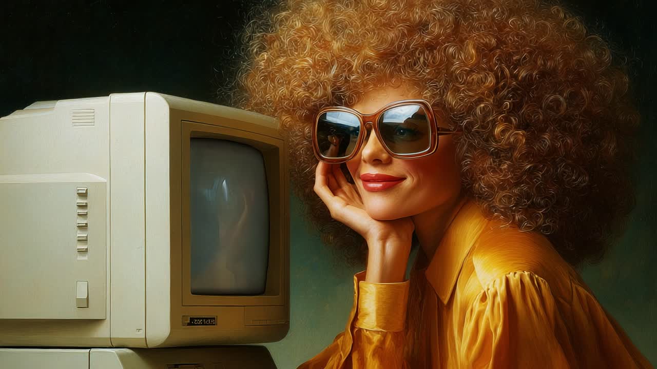 A stylish woman with vibrant afro hair and oversized sunglasses rests her chin on her hand, gazing at a vintage computer, embodying a glamorous retro aesthetic that blends technology with fashion