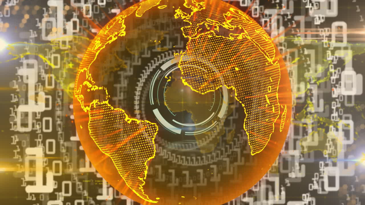 Globo digitale luminoso con codice binario e animazione di elaborazione dati