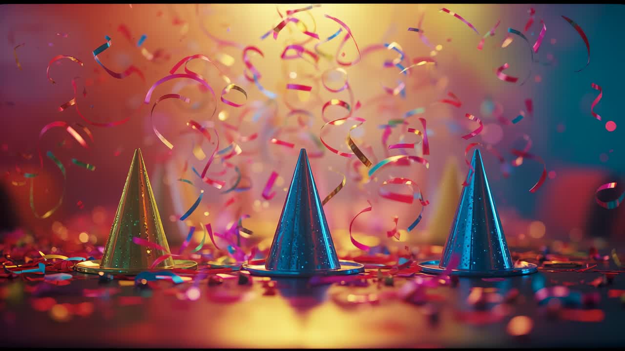 Sequence progressing confetti swirling raining onto glittery cone hats on shiny table, celebration
