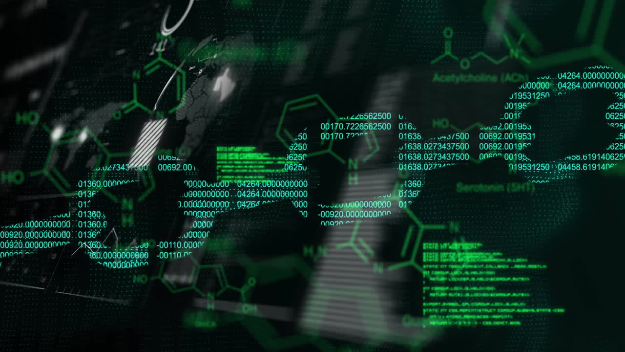 검은색 배경에 데이터 처리 및 체인에 대한 지구와 세계 지도의 애니메이션