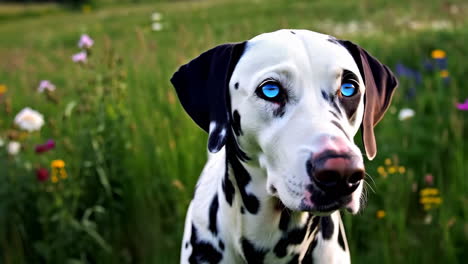 a close-up of a dalmatian dog with piercing blue eyes in a green field