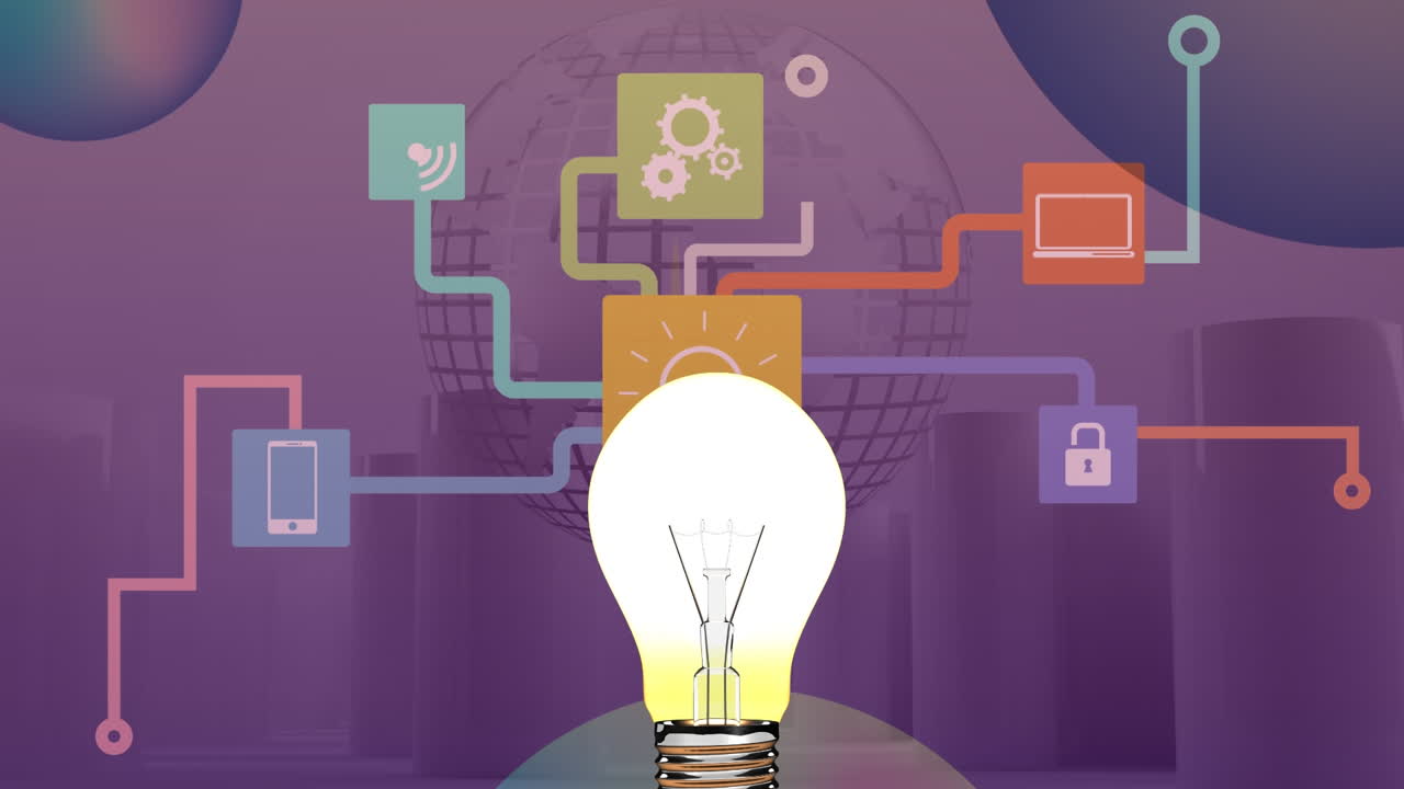 미디어 아이콘과 글로브 위에 있는 전구의 애니메이션