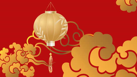 animación digital de diseños florales y linterna flotando contra un fondo rojo