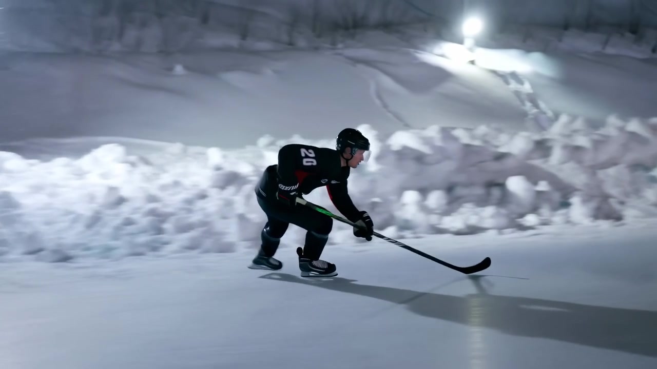 Un singolo pattinatore si muove rapidamente su una superficie ghiacciata all'aperto di notte, chinato in avanti in una posa atletica vicino a cumuli di neve illuminati e uno sfondo innevato.