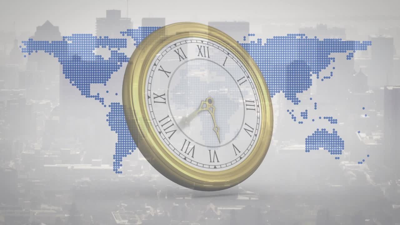 On start rotating brass-rimmed clock over dot map, hands advancing to show time passage