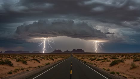 Dramatic lightning storm over a desert highway leading to Monument Valley