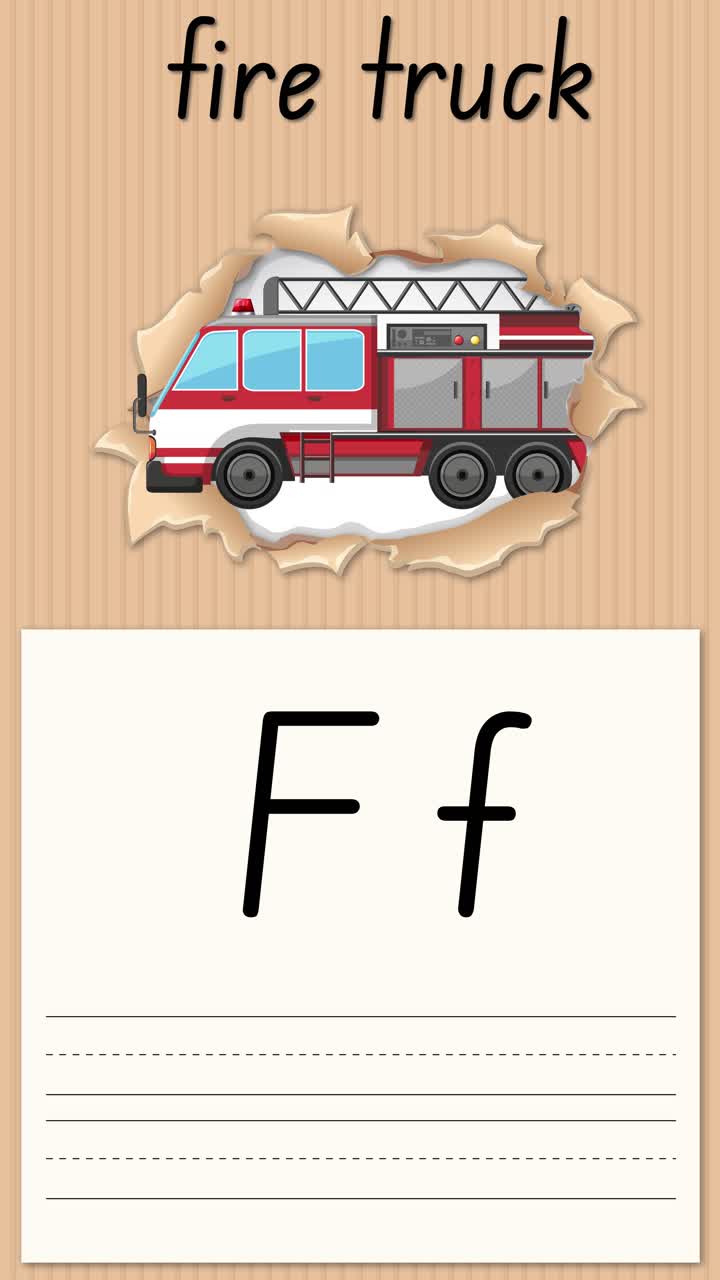 Video educativo animato che insegna la lettera F utilizzando un'illustrazione di un camion dei pompieri e linee per la pratica della scrittura a mano