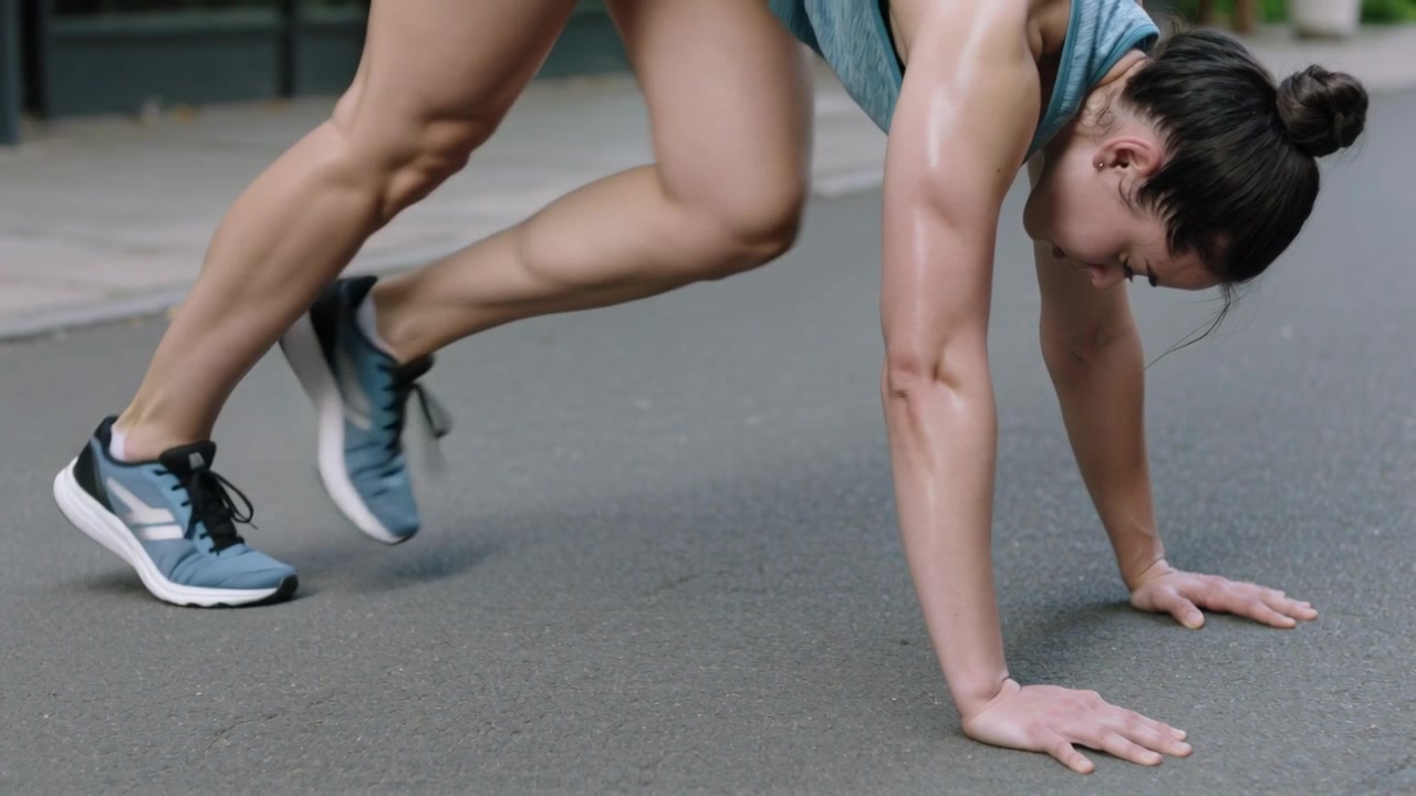 Starting from plank, woman performing rapid knee drives on paved curb for training in blue shoes