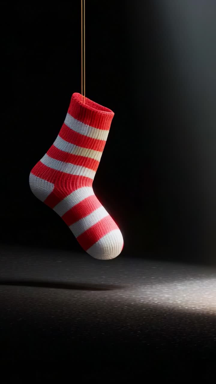 Suspended Sock: A Striking Visual of a Red and White Striped Sock Hanging Elegantly Against a Dark Background Capturing the Perfect Play of Light and Shadow in an Artistic Display