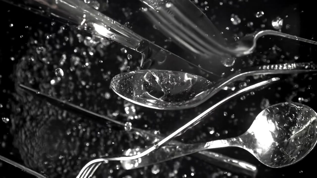 Slow Motion Water Splashing on Clean Silverware