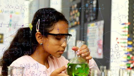 animation of mathematical equations over biracial girl smelling chemical in a flask at laboratory